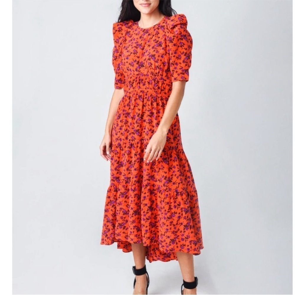 Joie Nadeen Floral Silk Puff Sleeve Midi Dress